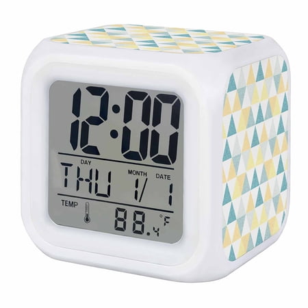 Alarm Clocks Blue Yellow Triangle Geometric Digital Clock 7 Color LED Night Light Silent Non-Ticking Battery Operated Modern Abstract Cube Clocks for Bedroom Bedside Living Room Office School