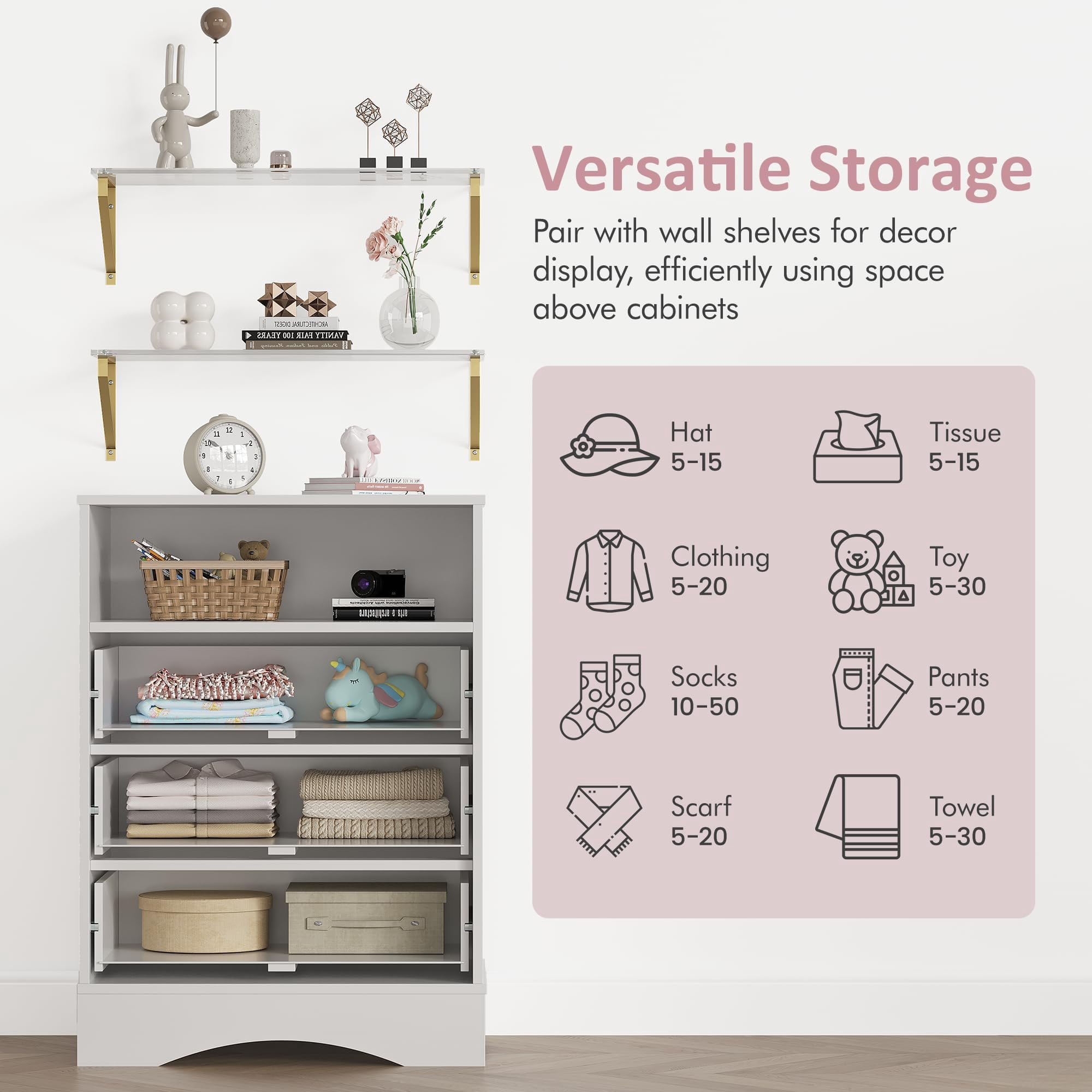 Royalcraft Dresser with Drawers & Floating Shelves, 3 Drawer Dresser with Open Storage & Painted Finish, Modern Storage Dresser for Bedroom, Closet, Hallway, White