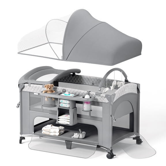 Babyomi 4 in 1 Baby Bassinet with Diaper Changer, Long Next to Bed Crib with Mattress,Height Adjustable,Pack and Play,Bedside Crib Sleeper, Gray