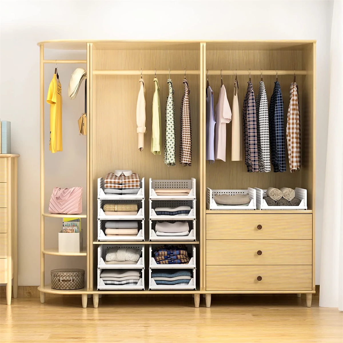 4-Pack Folding Wardrobe Storage Box Plastic Drawer Organizer Stackable Shelf Baskets Cloth Closet Container Bin Cube Home Office Bedroom Laundry Pull Out Drawer Dividers for Clothes,Toys Organization