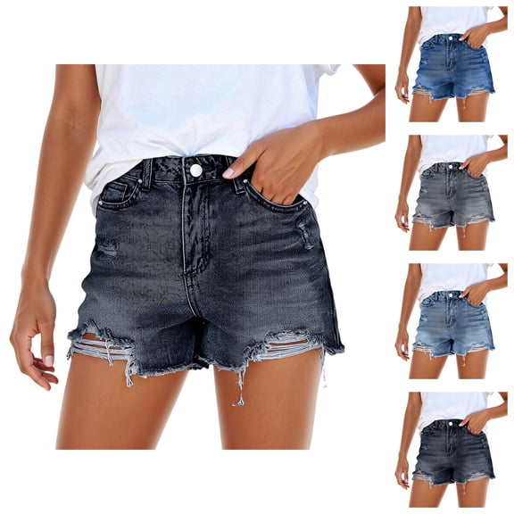 Jean Shorts Womens Summer Casual Slim Fit Washed Blue Distressed Denim Shorts with Pockets Streetwear