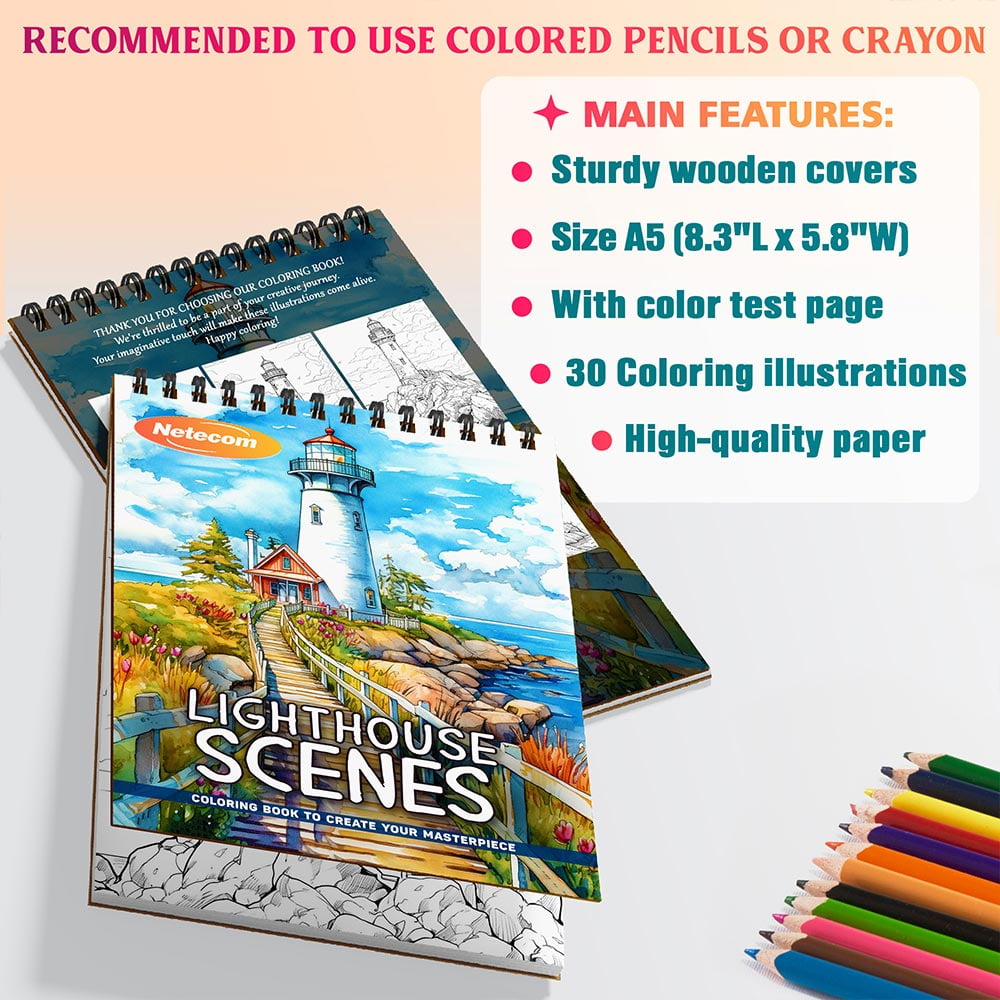 Netecom Lighthouse Scenes Coloring Book Spiral Bound For Adults, A5 Wooden Cover, 30 Calm Coloring Pages of Seaside Bluffs for Stress Relief and Relaxation