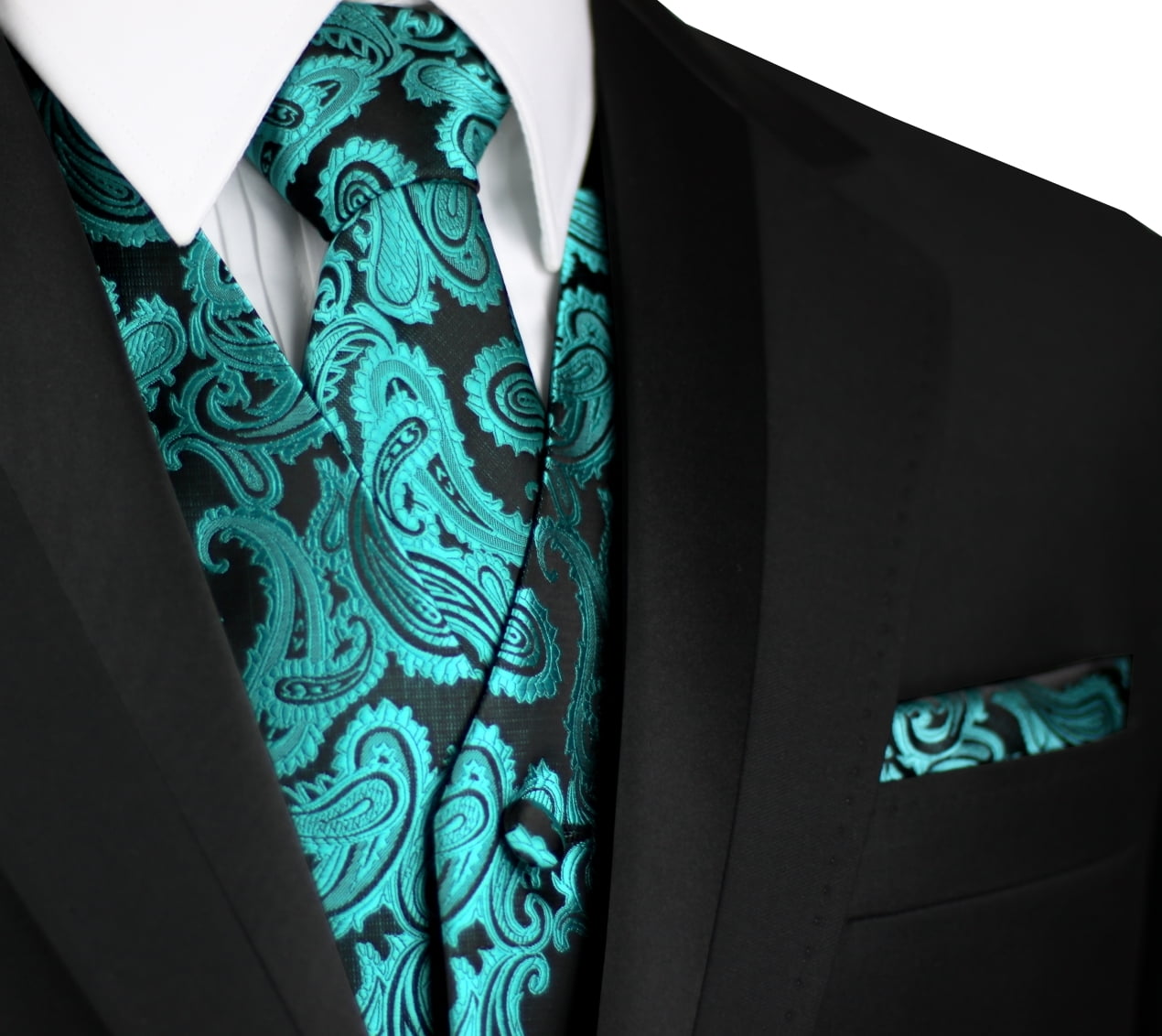 Men's Suit Tuxedo Dress Vest Necktie Bowtie Hanky Metallic Royal Blue Paisley 