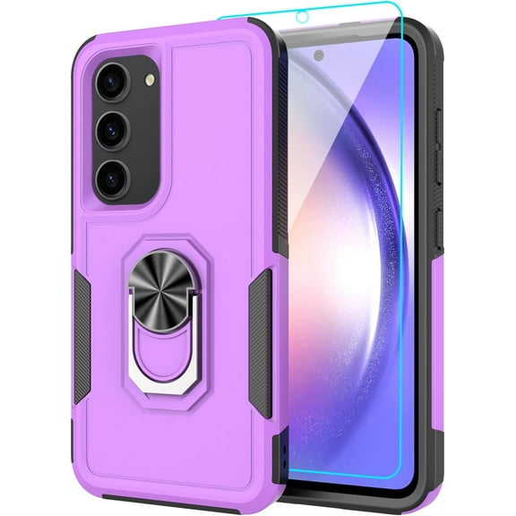 for Samsung Galaxy A54 5G Case with Tempered Glass Screen Protector,Heavy-Duty Tough Rugged Phone Case Cover with Ring Holder Kickstand for Galaxy A54 5G (6.4", 2023) [Purple/Black]