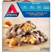 Atkins Caramel Chocolate Nut Roll Snack Bar, Protein Snack, High in Fiber, Low Sugar, 6/5 Packs