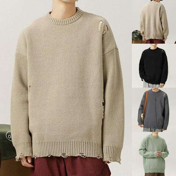 Hinvhai Men's Fall & Winter Solid Vintage Distressed Sweater Unisex Casual Loose Round Neck Long Sleeve Pullover Knitwear Top Gray 10(XL)