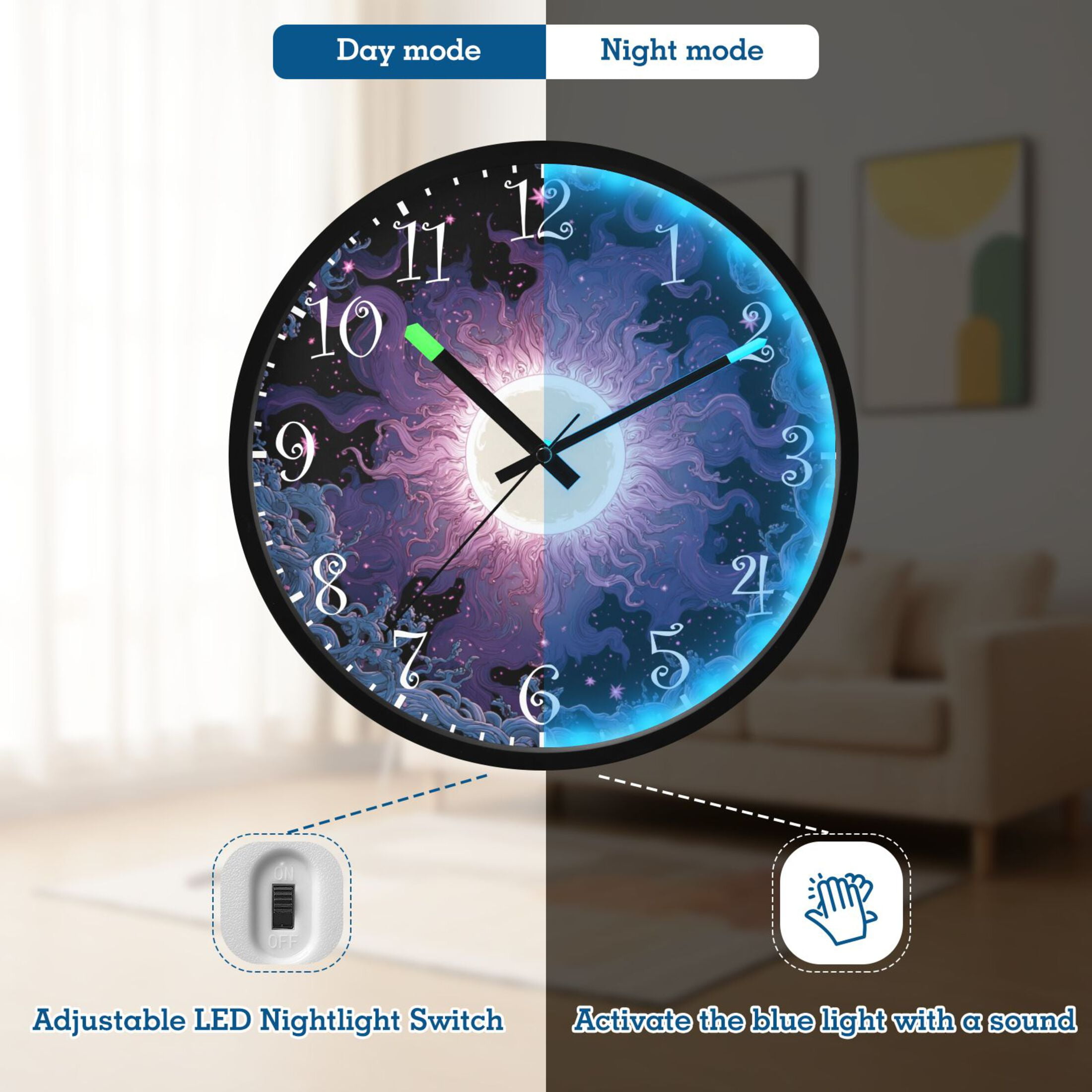 Voice Activated Clock with Glow Light 12 Inch Large Silent Wall Clock Battery Operated for Home Decor Solar Vortex