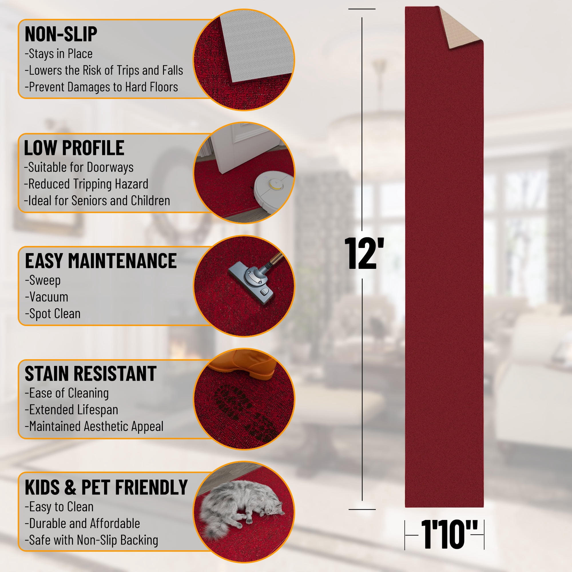 Ottomanson Non-Slip Rubberback Modern Solid 2x12 Indoor Runner Rug, 1'10" x 12', Red