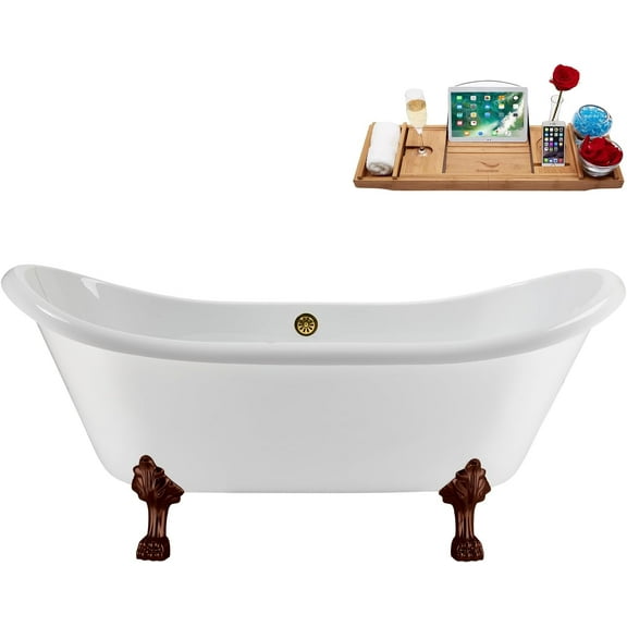 71" Streamline N5100CH-BGL Soaking Clawfoot Tub and Tray With External Drain in Brushed Gold and Polished Chrome Clawfeet