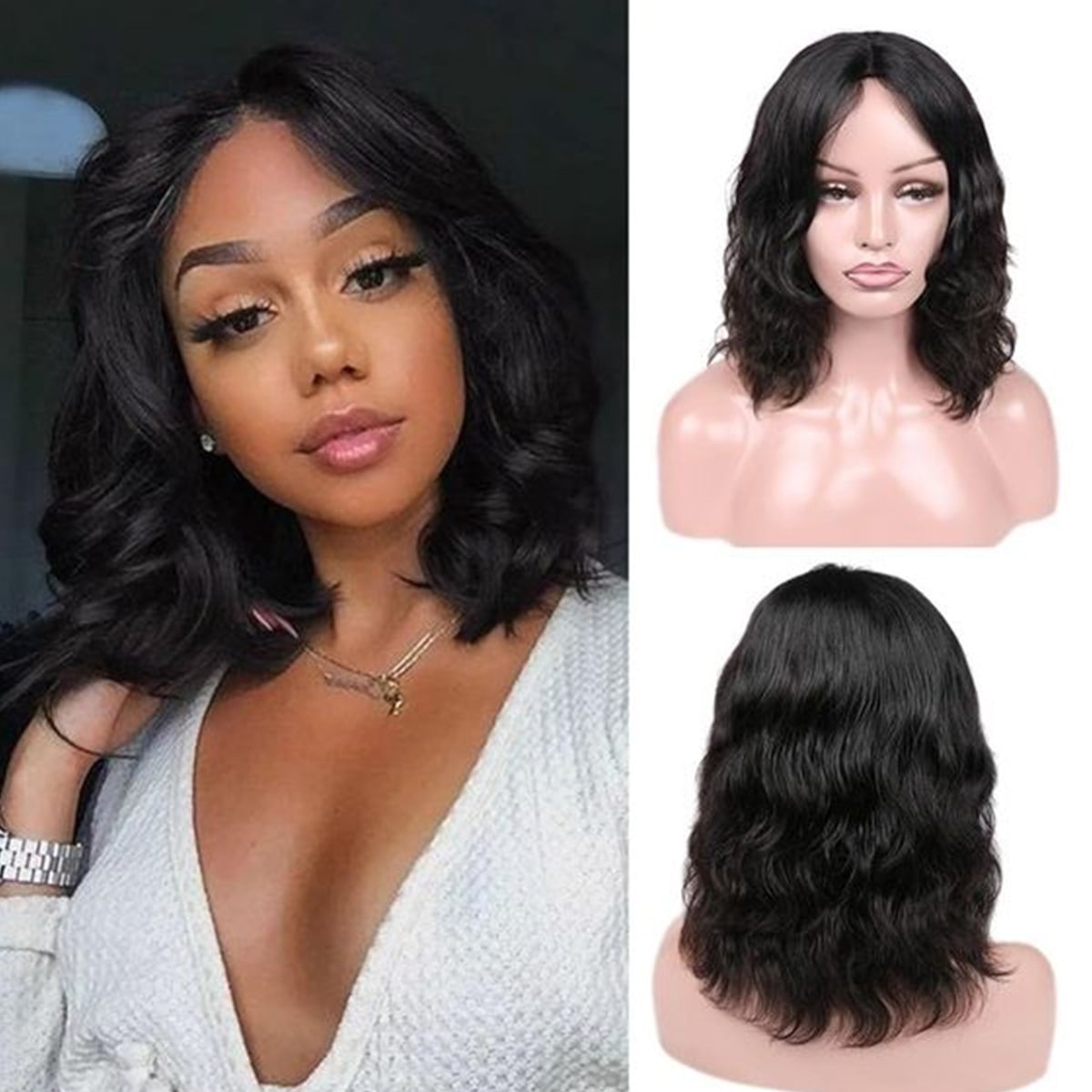 150 Density Body Wave Short Bob Wig Human Hair Pre Plucked Hair black 8 - 16 Inch T Middle Part Lace Bob Wigs for Women