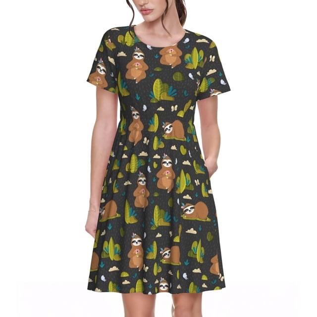 Disketp Funny Sloths In The Forest para Vestido de Manga Corta para Mujeres, Vestidos de Verano para Mujeres, Casual y Holgado para la Playa