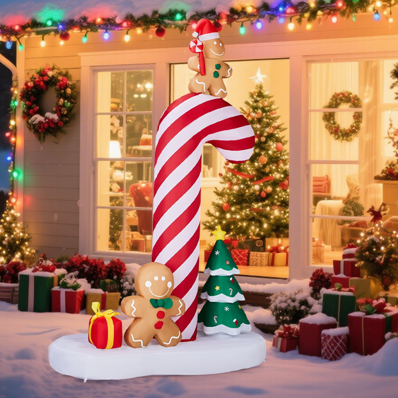 Lighted Christmas Inflatable Decoration, Giant Candy Cane with Gingerbread Men, 59.1 x 29.5 x 96.5 in, Built-in LED Lights, Yard Decor