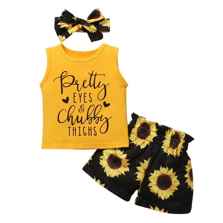 

DNDKILG Infant Baby Toddler Girls Summer Letter Print Tank Top and Floral Shorts Set Sleeveless Clothes Set Outfits with Headband Yellow 3M-3Y 100