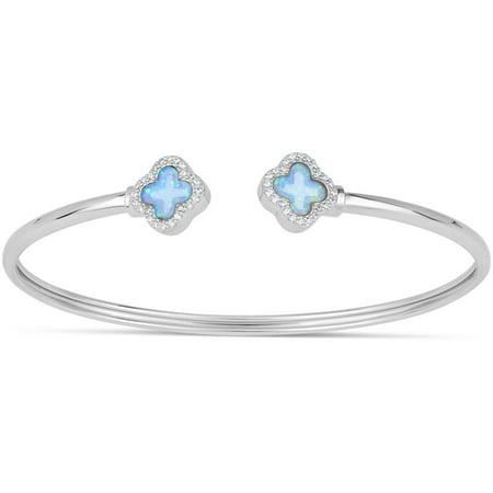 Created Light Blue Opal and CZ Sterling Silver Rhodium-Plated 3mm Double Flower Memory Bangle