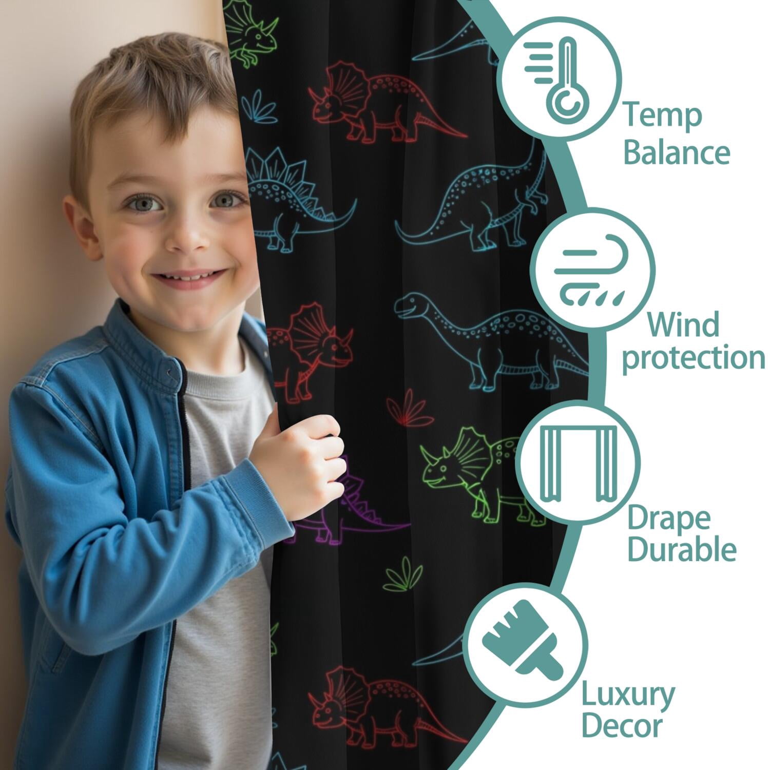 Blackout Kids Curtains,Neon Outline Dinosaurs Childrens Insulated Curtains Set Of 2,Bedroom Essentials,Toddler Room Decor 42"x84"