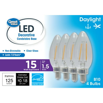 Great Value LED Light Bulb, 1.5 Watts (15W Equivalent) B10 Deco Lamp E12 Candelabra Base, Non-dimmable, Daylight, 4-Pack