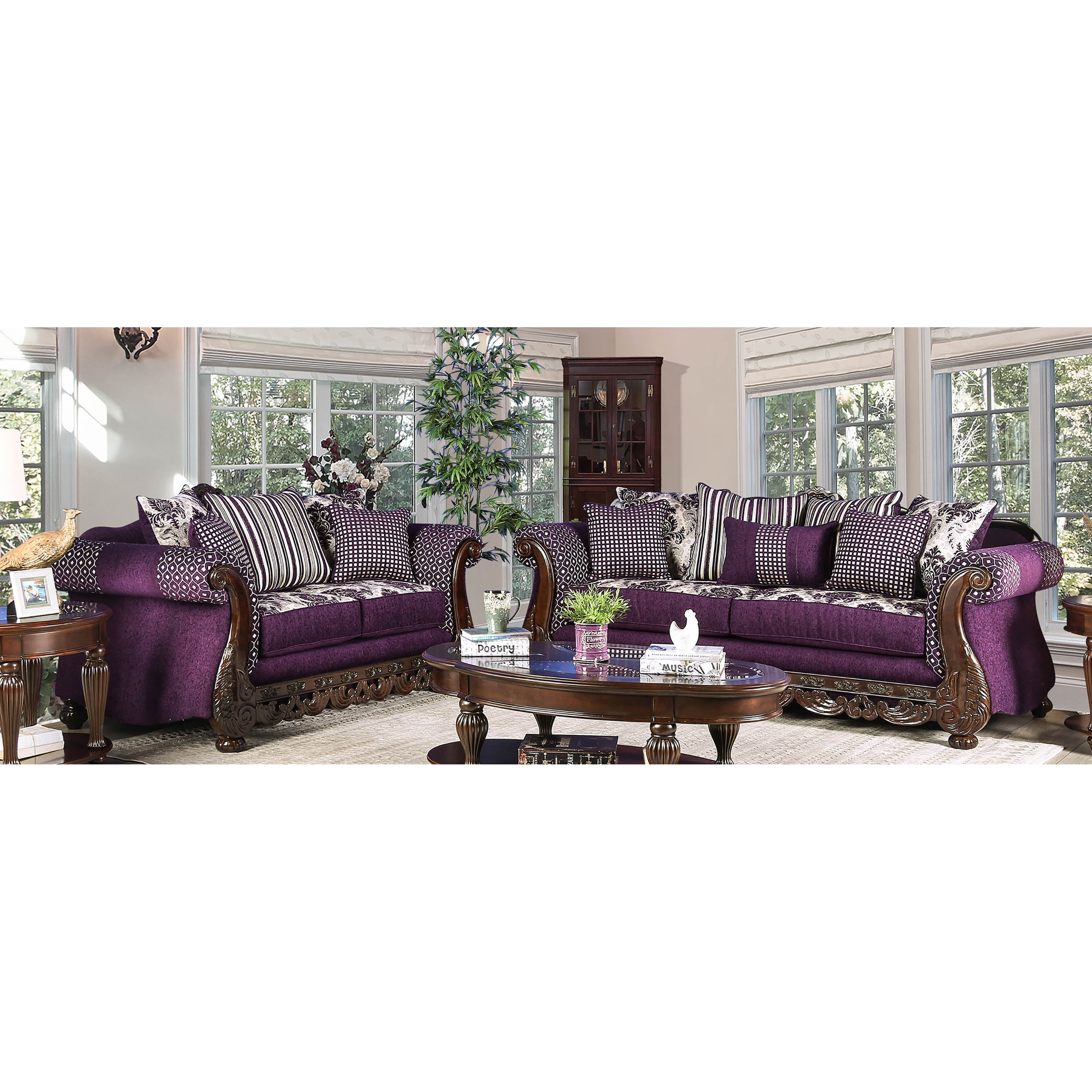 Furniture of America Traditional Chenille Ava 2Piece Sofa Set, Purple