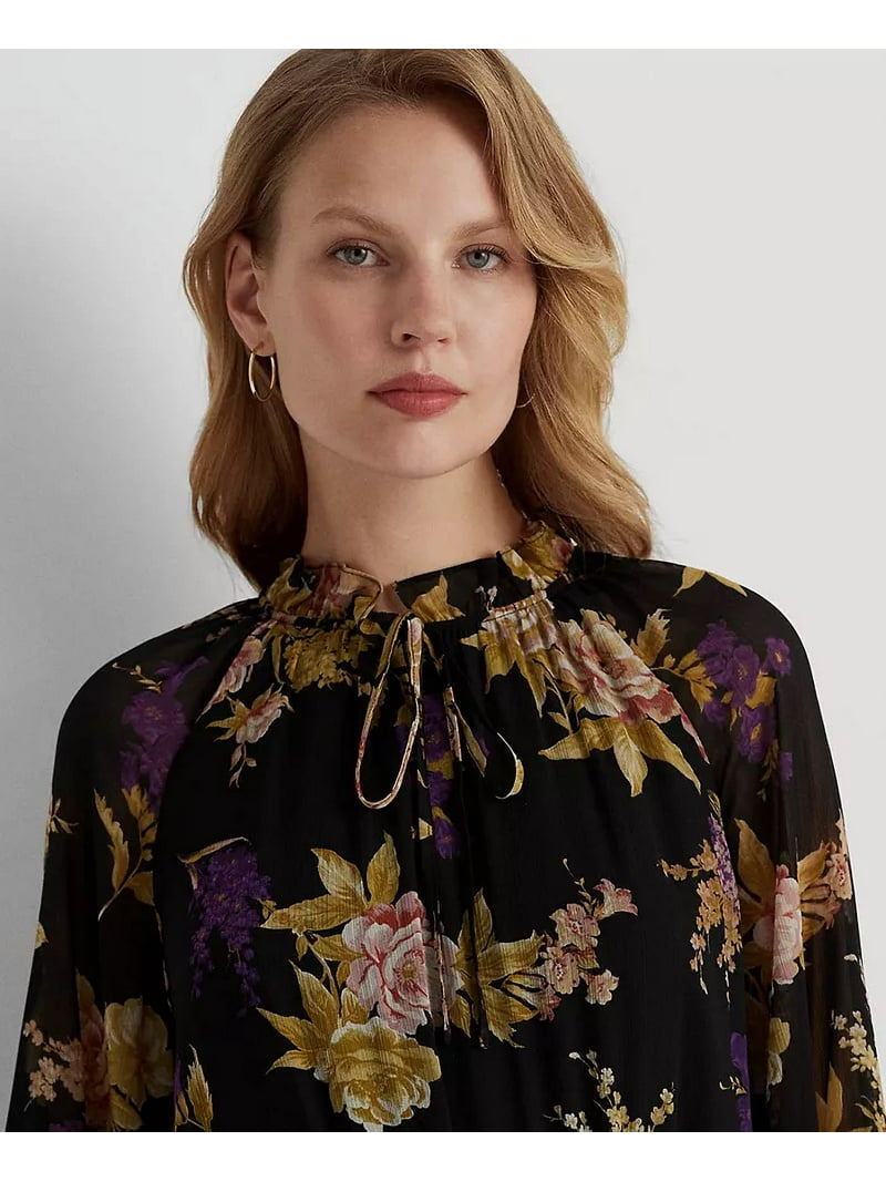 Lauren Ralph Lauren Women's Floral Belted Crinkle Georgette Dress - Black/Tan/Multi - Size 2