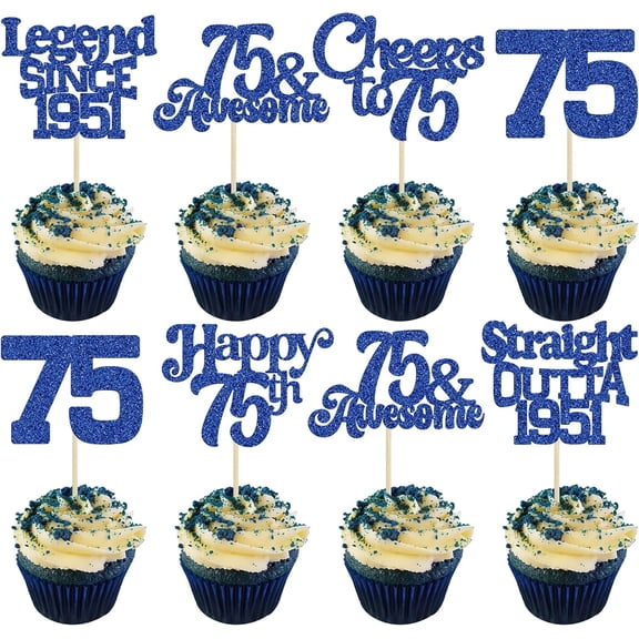 12Pcs Blue Glitter 75th Birthday Cupcake Toppers, Legend Since 1951, Cheers to 75 Picks for 75th Birthday Party Cake Decorations