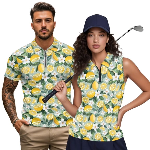 Aplkyhs Matching Golf Shirts for Couple Lemon Blossoms Quarter Zip His and Hers Golf Shirts Matching Quick Dry Golf Shirts for Men 4-Way Stretch Keep Cool in Hot Weather Fit Plain