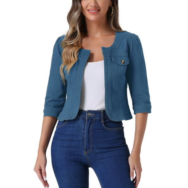 CHAQUETA DE JEAN CORTA SIN CUELLO PARA MUJERES CON MANGAS 3/4 EN AZUL PAVO M