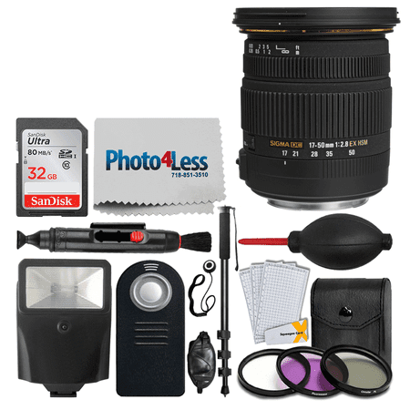 Sigma 17-50mm f/2.8 EX DC OS HSM Zoom Lens for Canon DSLRs with APS-C Sensors + 32GB Memory Card + 77mm Filter Kit + Monopod + Remote + Flash + Screen Protector + Top Value DSLR Lens Accessory