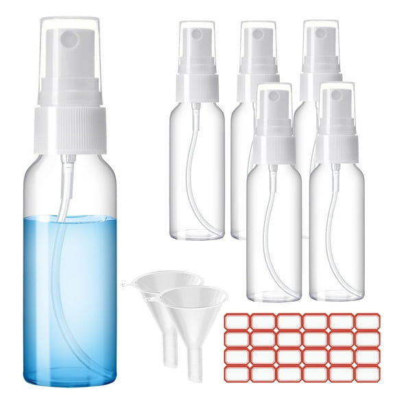 Genreen Spray Bottles, 6 Pack 2oz/50ml Clear Empty Fine Mist Plastic Mini Travel Bottle Set, Small Refillable Liquid Containers with 2pcs Funnels and 24pcs Labels.