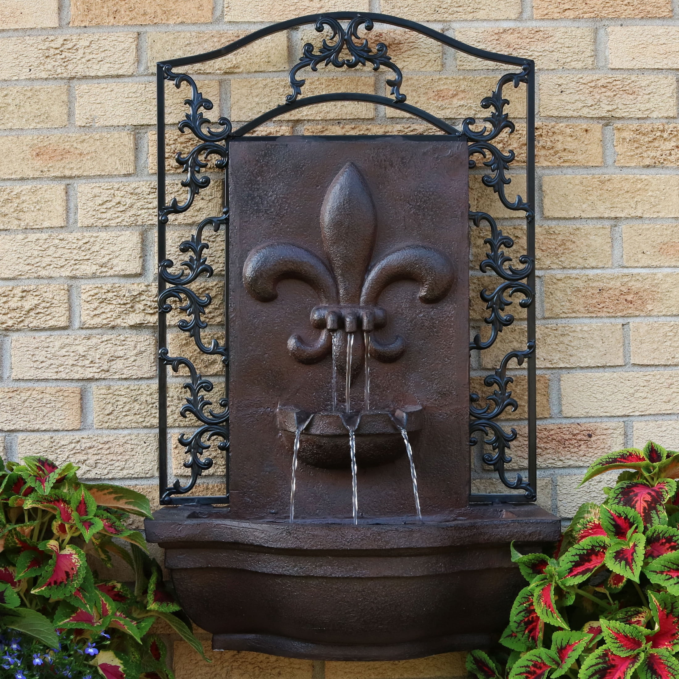 Sunnydaze French Lily Polystone Outdoor Wall Fountain, Iron Finish