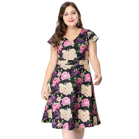 Women's Plus Size Above Knee Cap Sleeve V Neck Floral Dress - Walmart.com