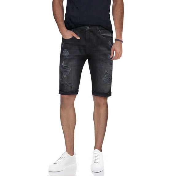 RAWX Men's Denim Shorts, Washed Ripped Distressed Destroyed Cut Off Slim Fit Jeans Short for Men (Cut Off Rips - Black Wash Size 34)