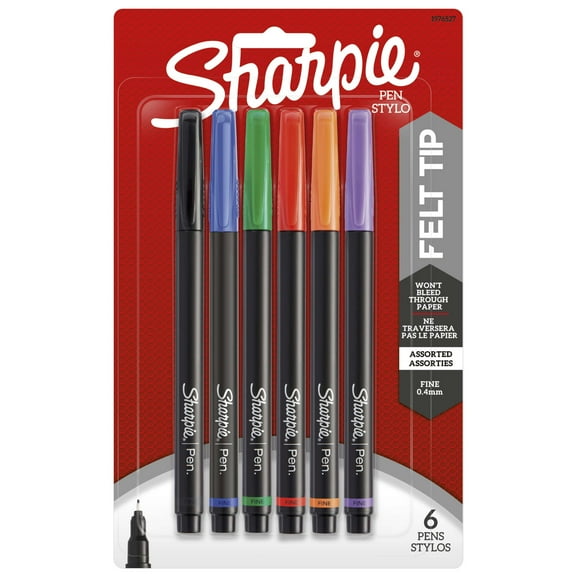 Sharpie Pens, Felt Tip Pens, Fine Point (0.4mm), Assorted Colors, 6 Count