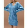 thumbnail image 4 of Womens V Neck Mini Sweater Dress Cable Knit Long Sleeve Casual Loose Fall Tunic Pullover Sweaters Peacock Blue M, 4 of 8