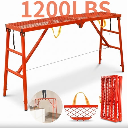 1200 lbs Foldable Scaffolding Platform, 69 in Adjustable Height Red Steel Work Ladder for Staircase Painting & Uneven Ground Jobs