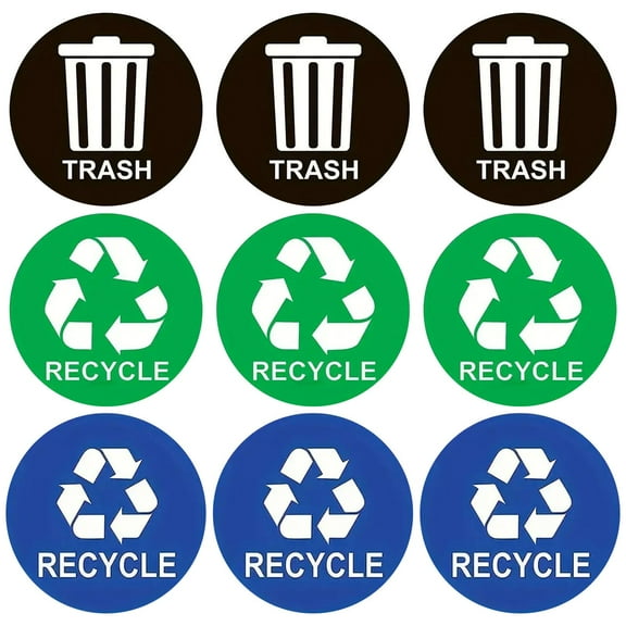 9 Pieces Recycle Stickers Trash Decals Bin Labels 5 Inch Round for Outdoor Home and Office Waste Management
