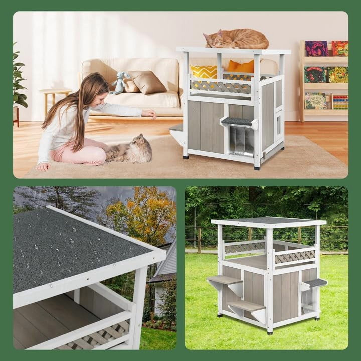 PETSCOSSET Outdoor Cat House 2 Story Wooden Houses for Outside Feral Cats