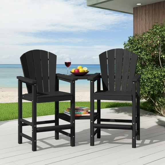 SERWALL Tall Adirondack Chairs Set of 2 with Double Layer Connecting Tray, HDPE Bar Height Outdoor Chairs, for Patio, Balcony, Porch, Pool, Black