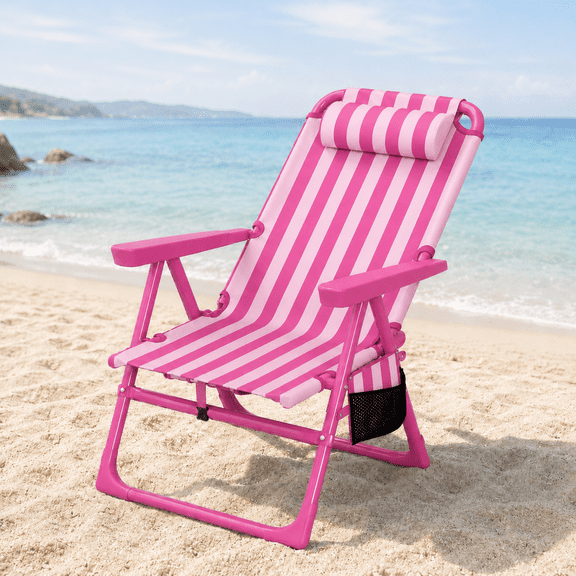 DKMOCO Backpack Beach Chair for Adults, 6-Position Reclining Beach Chair with Cooler & Cup Holder,Light-Weight Foldable Camping Chair for Beach, Camp, Outdoor Pink