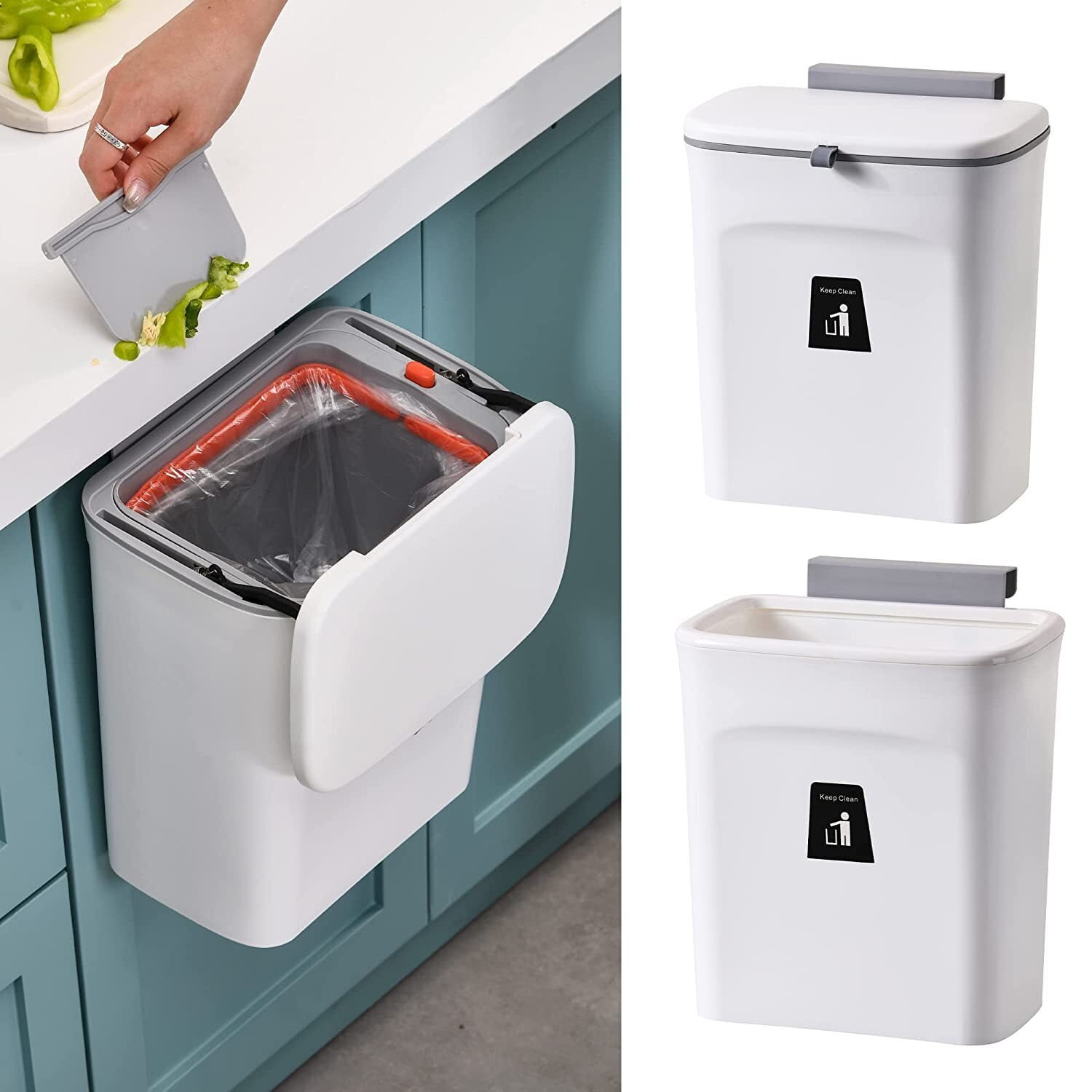 VIGIND 9L/2.4 Gallon Hanging Trash Can for Kitchen Cabinet Door with Lid, Small Under Sink Garbage Can,Trash Bin for Bathroom, Wall Mounted Counter