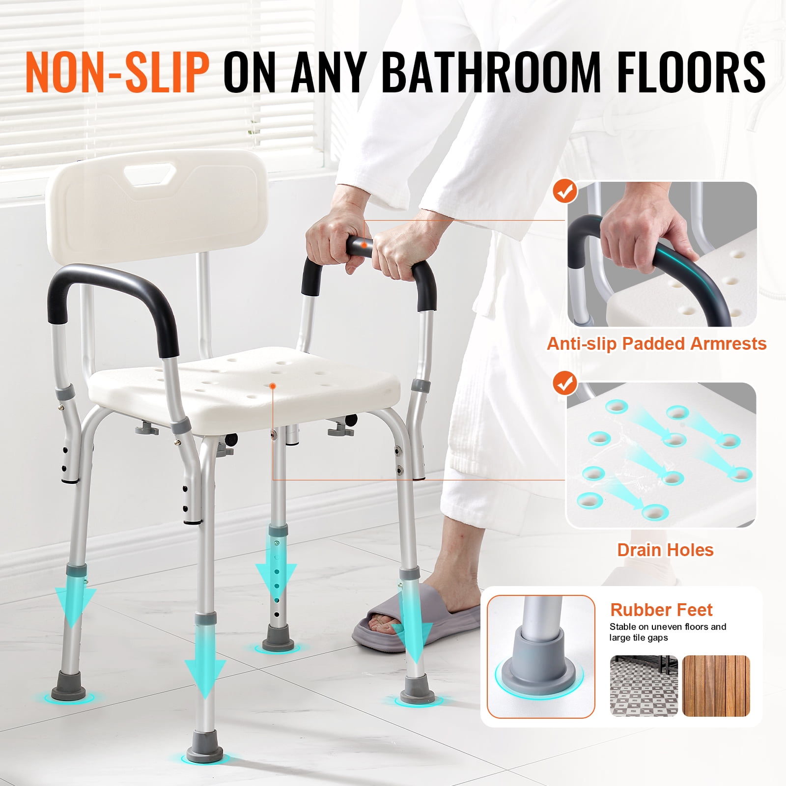 KFFKFF Shower Chair Bath Bench Seat Stool with Back Arms Adjustable Height 350lbs