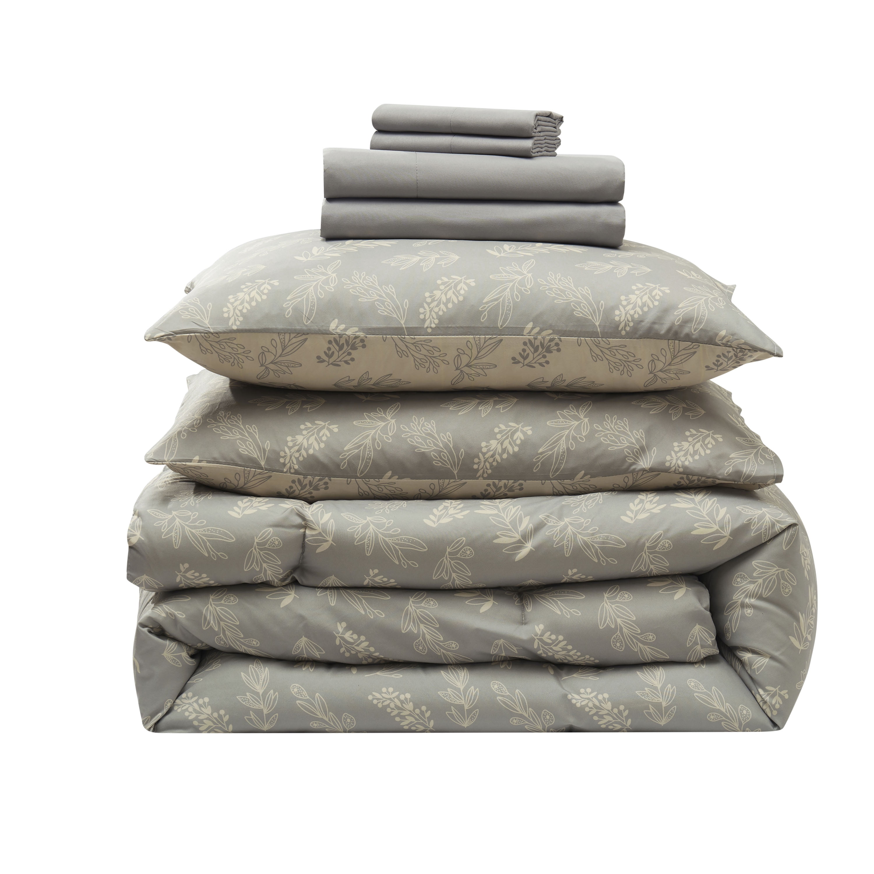 LammaLoe Twin Comforter Sets, 5 Piece Botanical Bed in a Bag, Reversible Bedding Comforter Set with Sheets, Modern Bed Set, Lunar Grey/Pale Champagne