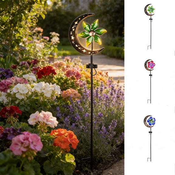 Hyknon Solar Moon Wind Spinner Garden Stake Light, 29.3" Outdoor Waterproof Landscape Lighting, Weatherproof Metal Solar Pathway Lights, Decorative Pathway Markers for Yard Garden Driveway Walkway