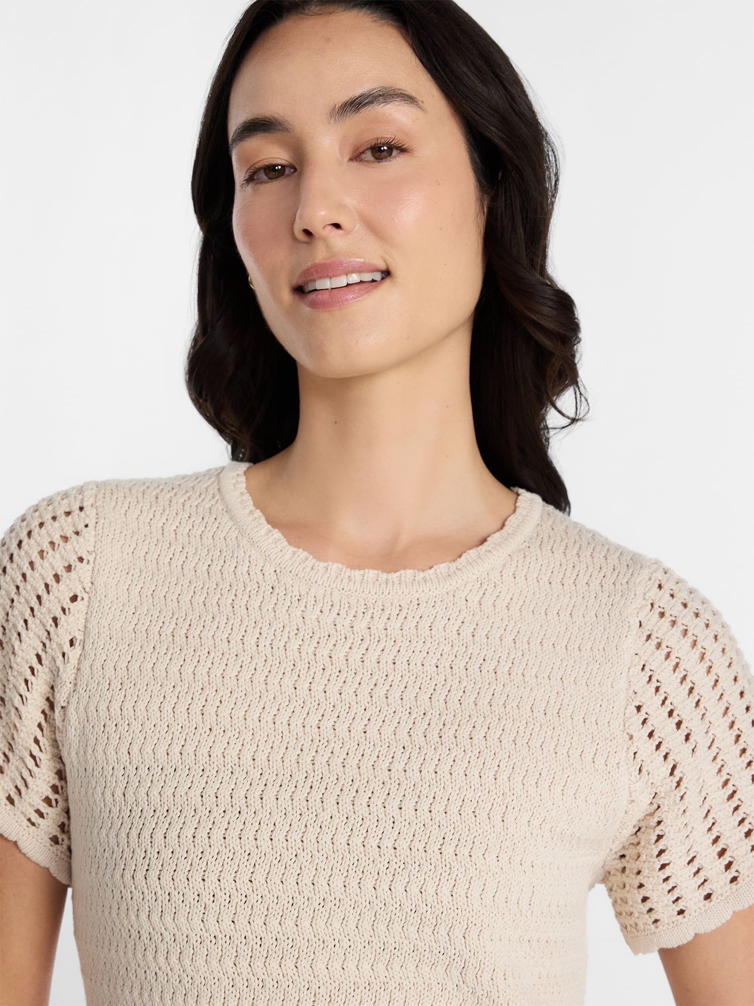 Time and Tru Women's Textured Crewneck Sweater with Short Sleeves, Lightweight, Sizes XS-XXXL
