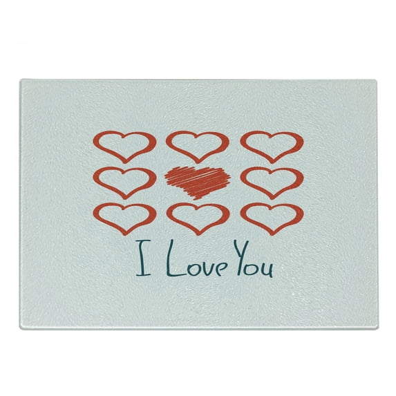 Romantic Cutting Board, Hand Drawn Style Red Hearts Set with Scribble with I Love You Lettering, Decorative Tempered Glass Cutting and Serving Board, Small Size, Vermilion Teal White, by Ambesonne