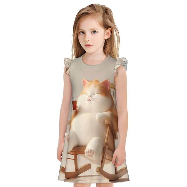 Vsdgher Chat Relaxant avec Thé pour Filles Chemises de Nuit Manches Courtes à Volants Robe de Nuit Pyjama pour Fête Pyjama-Moyen