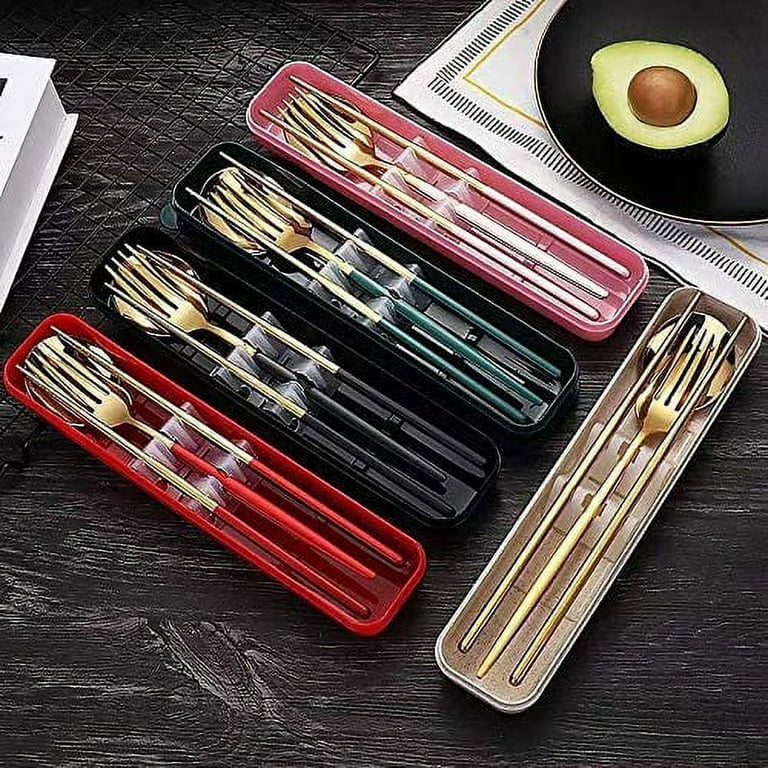 Reusable Utensils with Case, Travel Portable Fork Spoon Chopsticks Set with  Organizer Stainless Steel Flatware Utensils to go with Platic Case for