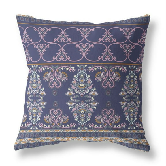 Nandini Flowers Indoor/Outdoor Fabric Pillow with Zip in Blue Pink 16x16