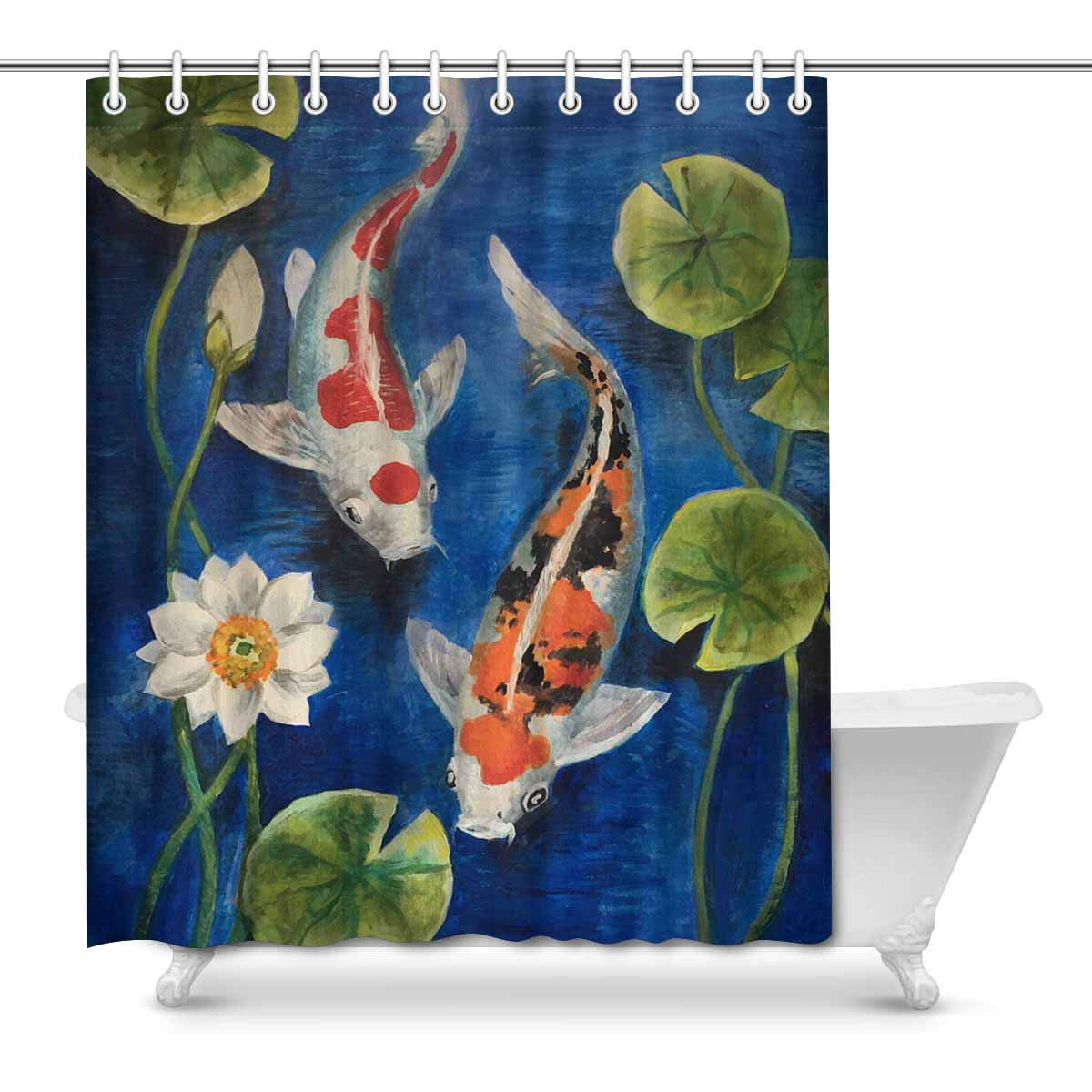Water Lily And Koi In Pond Shower Curtain Set Waterproof Fabric & Hook 71Inch 