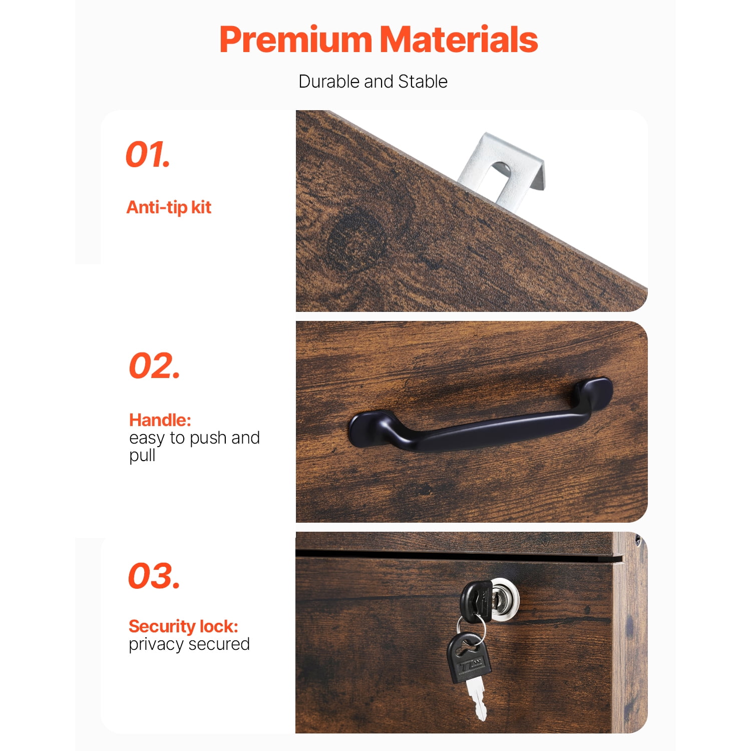 KFFKFF Lockable 3-Drawer File Cabinet, Metallic Vertical Storage Units for Residential Offices, Robust Cabinet with Dual-Stage Adjustable Rod for A4/Letter/Legal Size Documents, Assembly Simplified