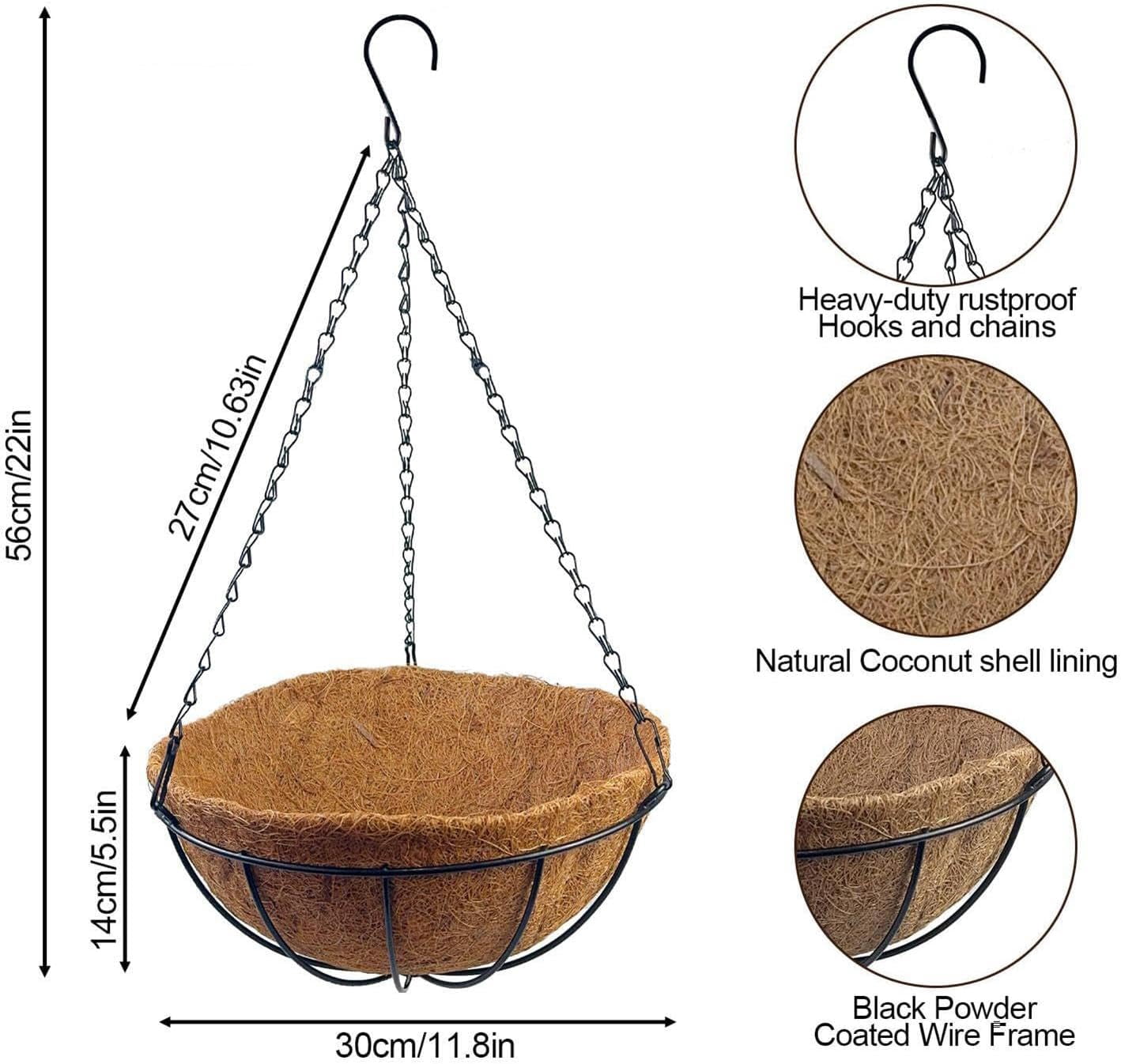 12" Hanging Plant Basket with Coco Coir Liner, 2 Pack Metal Wall Planters with Chains for Outdoor Indoor Plants, Garden Patio Porch Decor (k)