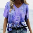 thumbnail image 1 of T-shirt Imprimé à Manches Courtes à Col en V Mode Femmes Tops Bleu, 1 of 5